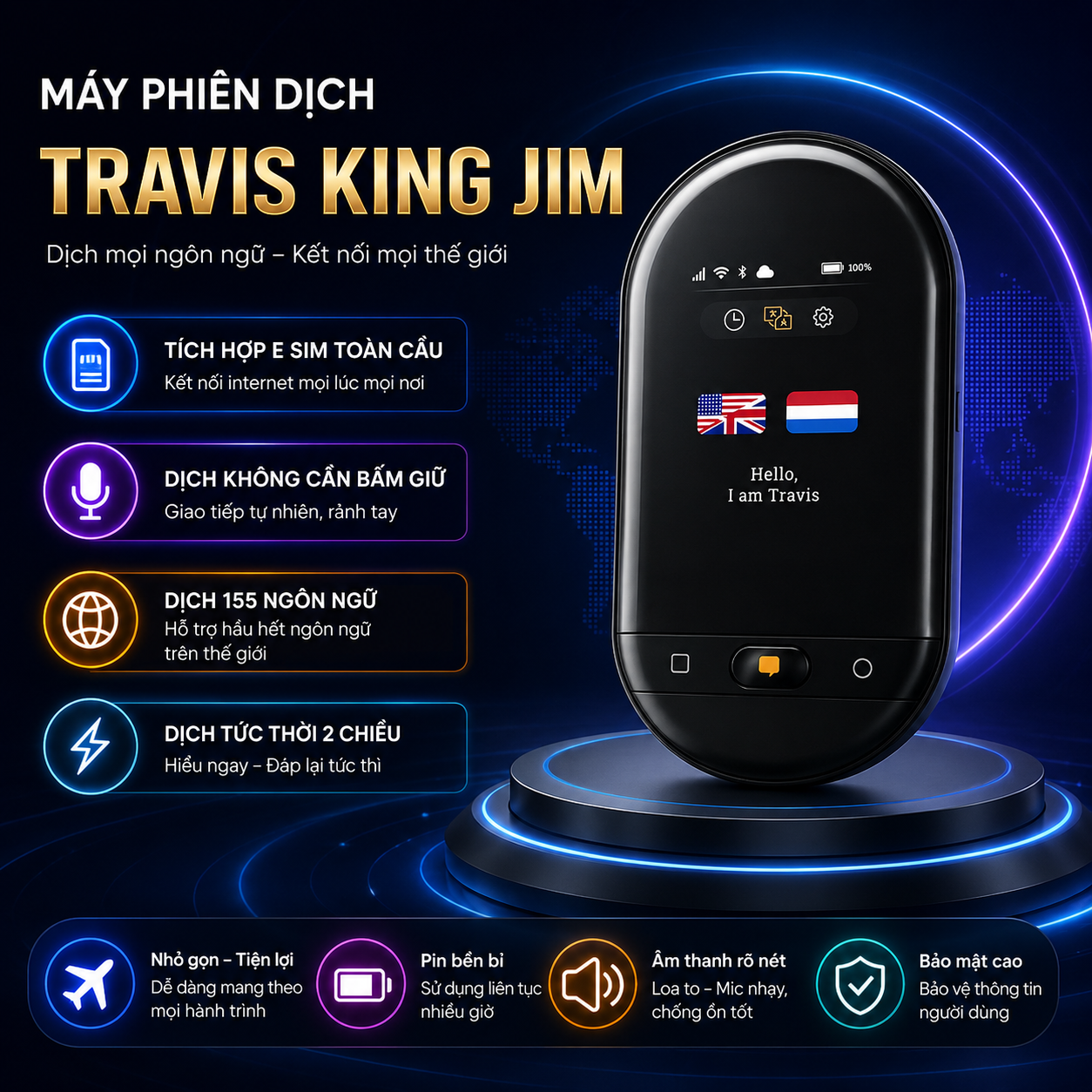 Máy Phiên Dịch Travis King Jim 2026 – Dịch Trực Tiếp 155 Ngôn Ngữ Quốc Tế