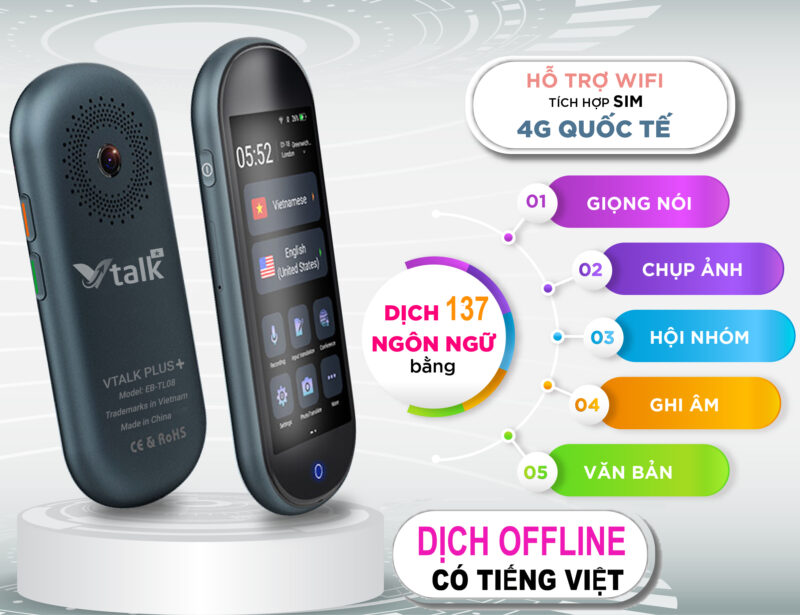 Máy Phiên Dịch VTalk Plus+ 2024 - Bản Nâng Cấp Ram 2GB - 16GB – Mang Thương Hiệu Việt Nam, Dịch Offline Có Tiếng Việt