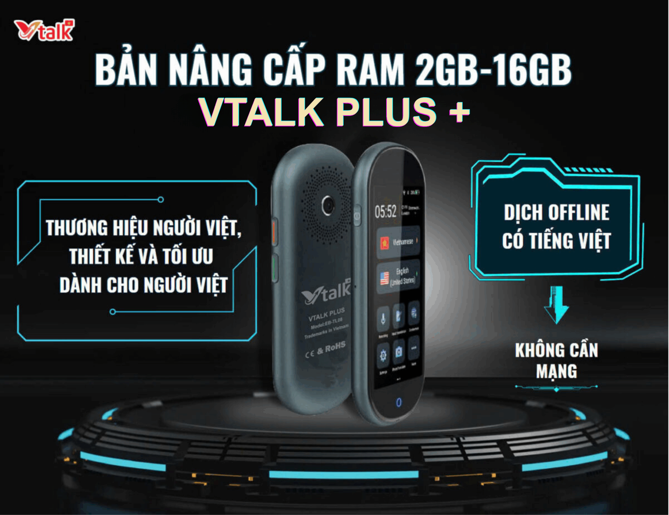 Máy Phiên Dịch VTalk Plus+ 2026 - Bản Nâng Cấp Ram 2GB - 16GB – Mang Thương Hiệu Việt Nam, Dịch Offline Có Tiếng Việt