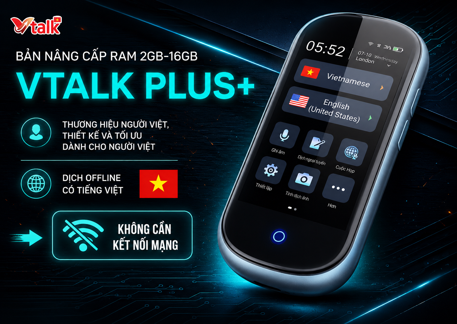 Máy Phiên Dịch VTalk Plus+ 2026 - Bản Nâng Cấp Ram 2GB - 16GB – Mang Thương Hiệu Việt Nam, Dịch Offline Có Tiếng Việt