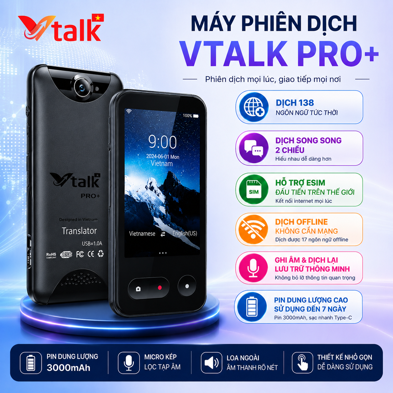 Máy Phiên Dịch VTalk Pro+ 2026 (Bản nâng cấp có Offline Tiếng Việt) – Máy Phiên Dịch Mang Thương Hiệu Việt Nam