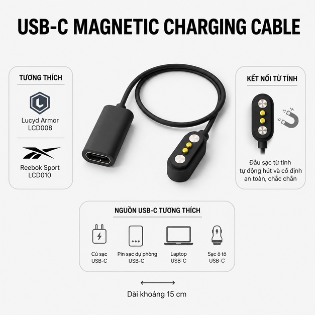 Cáp sạc từ tính USB-C Lucyd Armor & Reebok Sport